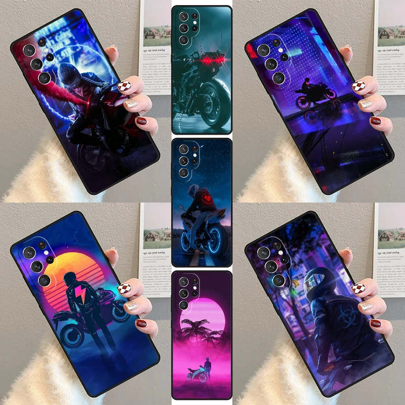 Neon Motorcycle Biker Phone Case For Samsung Galaxy S23 S21 S20 FE S24 S22 Ultra Note20 S10 S9 S8 Plus Silicone Cover