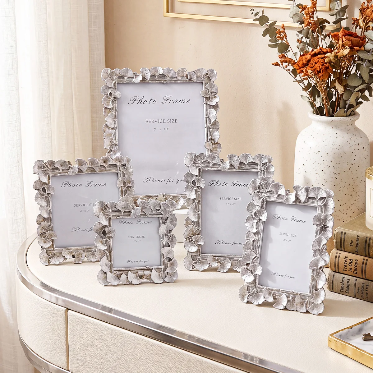 1PC, Silver 3D Ginkgo Leaf Engraved Resin Picture Frame, French Luxury Decorative Box, Wedding Photo Display Stand