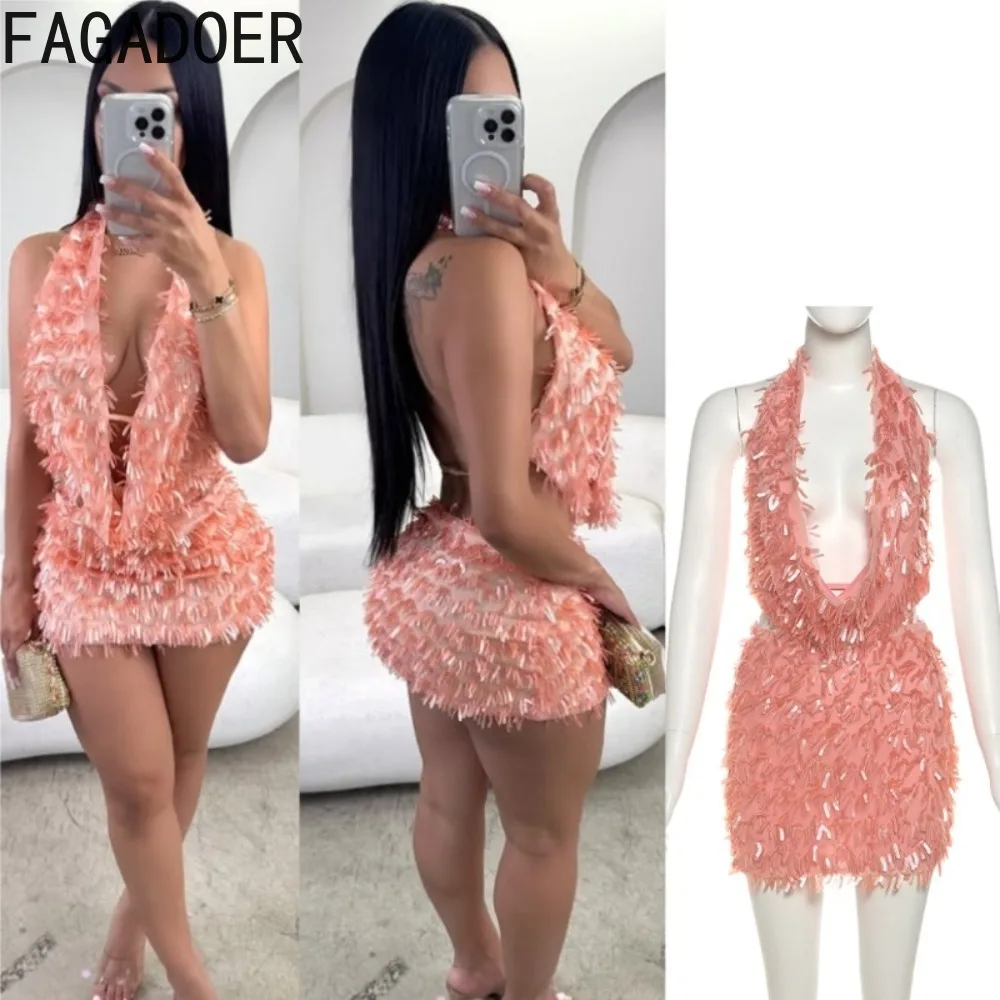 

FAGADOER Sexy Tassel Patchwork Bodycon Women Halter Deep V-neck Backless Tank Tops + Skits Midnight Female Streetwear Clothing