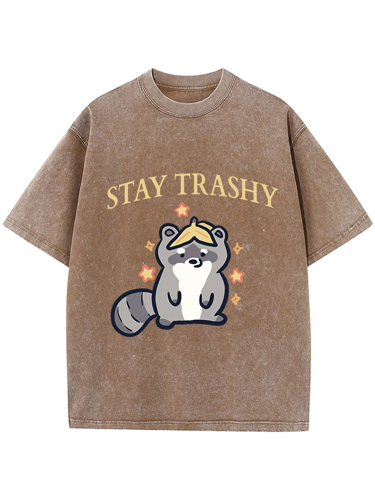 Stay Trashy Cute Pattern Printing Male Washed T Shirt Summer Casual Tshirt Street Hip Hop Clothes Fashion Loose Distressed Tee