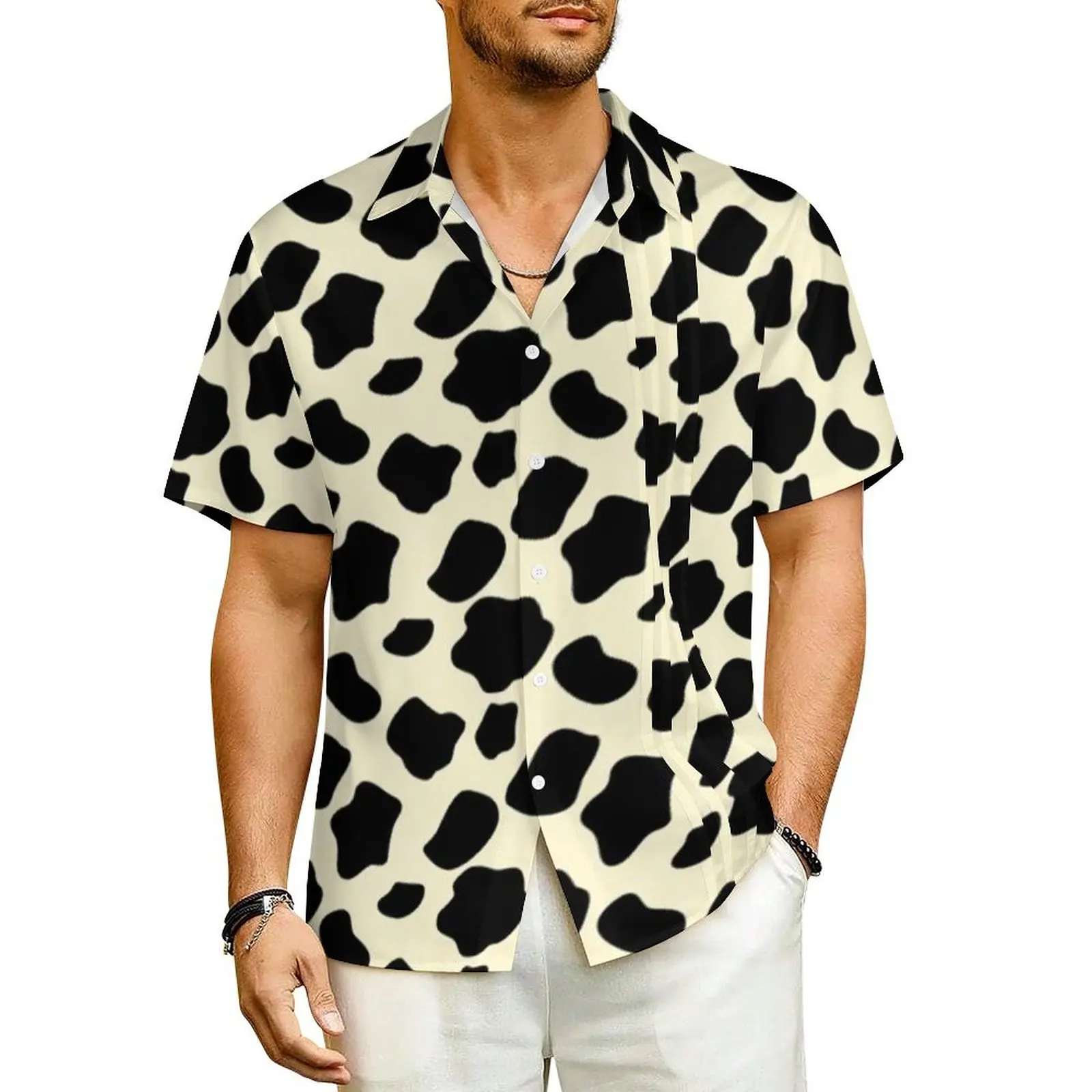 

Cow Vintage Casual Shirt Animal Spots Vintage Hawaiian Shirts Men Short Sleeve Vacation Street Style Design Oversized Blouses