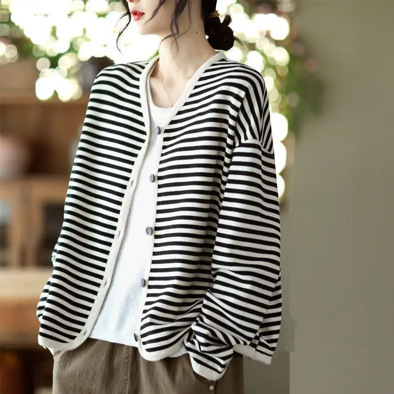 ribbon edging single breasted long sleeved short jacket for women's Spring autumn new lazy style loose striped cardigan top