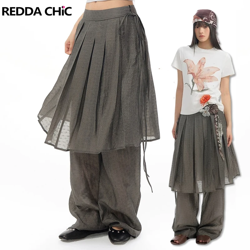 REDDACHiC Lyocell Wrap Pants for Women Trendy Jacquard Bandage Baggy Fake Two-piece Palazzo Pants Summer Alternative Clothes