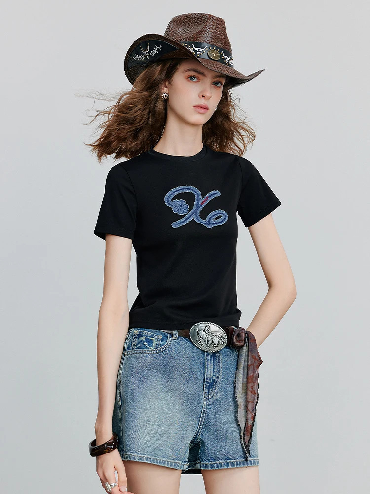 Slim Fit Cotton T-irt Women's Summer New Bla ort Denim Patch Embroidery Top round Ne Commute Sle Casual Faion