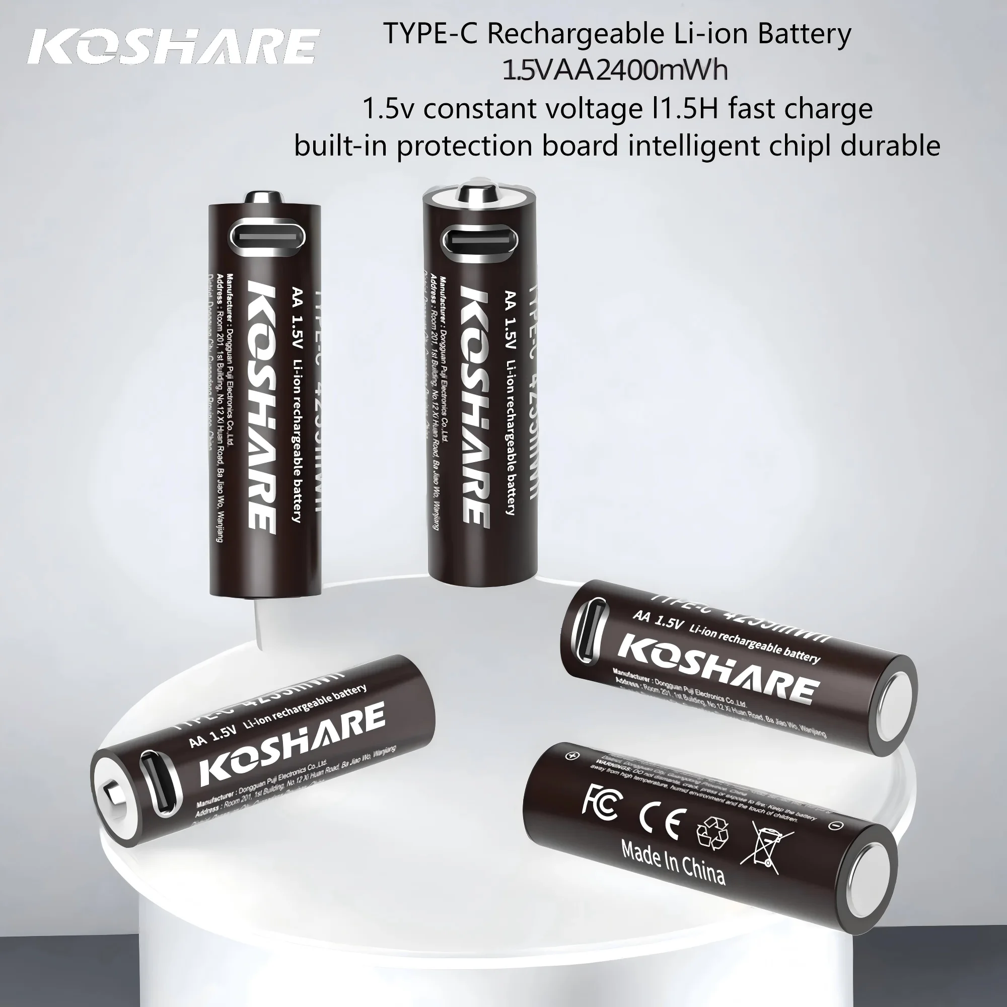 

KOSHARE 1.5V USB-C AA Lithium Battery 2400mWh Type-C Rechargeable for Remote Control Toys Smart Door Locks