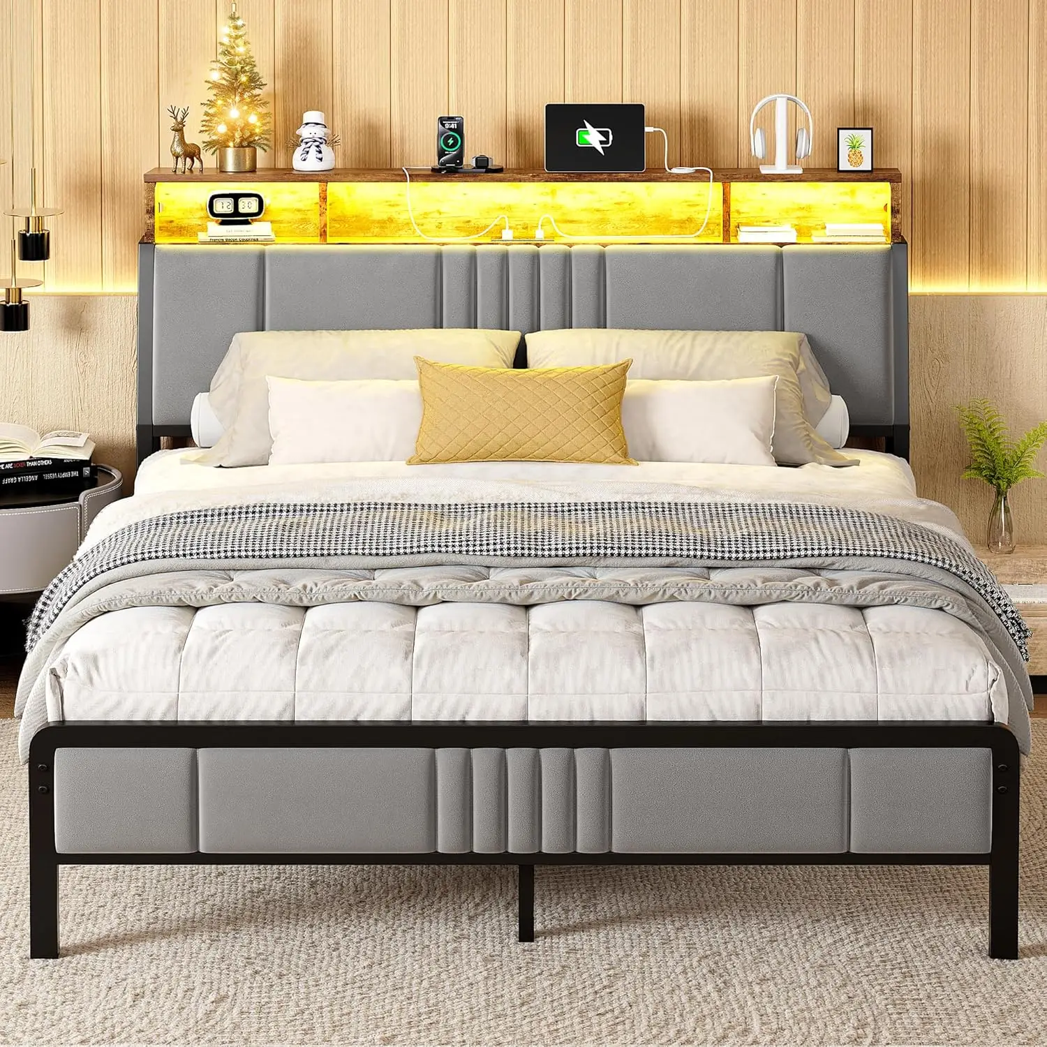 Queen Size Bed Frame with Storage Headboard and Charging Station, Ergonomic Platform Bed Frame with LED Lights,, Customized