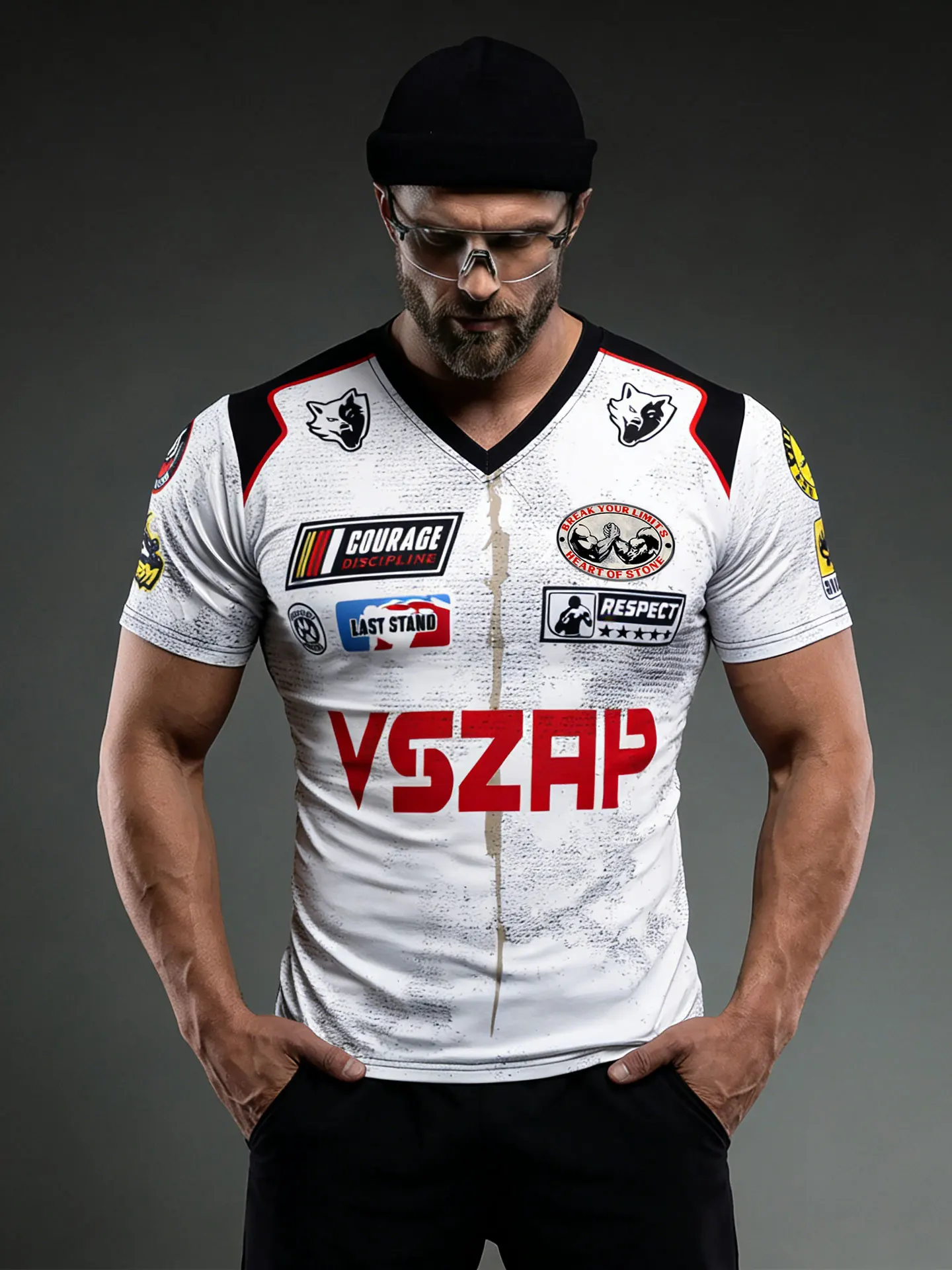 

Мужская спортивная футболка VSZAP с мотоциклетным принтом, белая, приталенная, с цветными вставками, для тренировок, быстросохнущая, из полиэстера