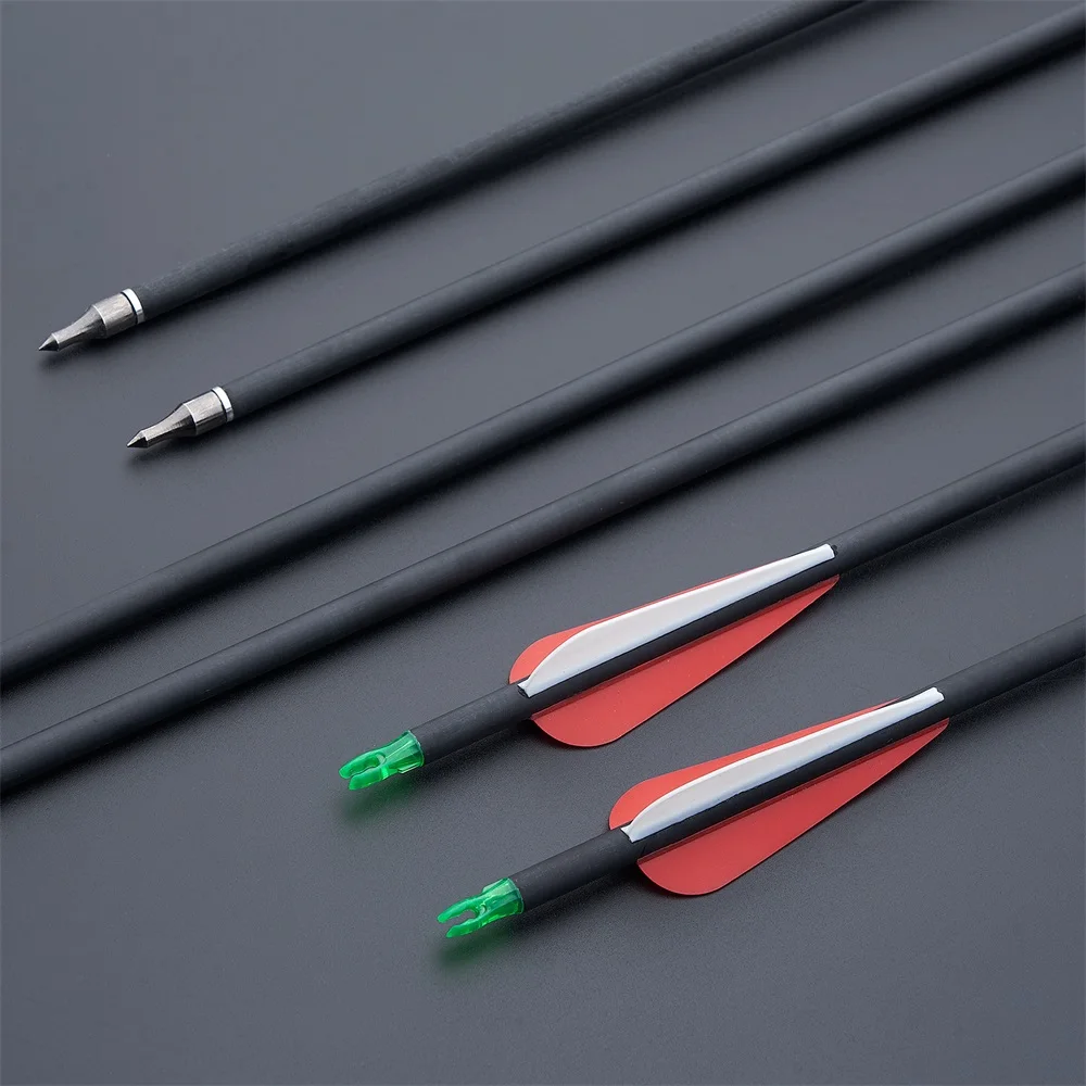 12PCS Mixed Carbon Arrows Hunting Archery Bow 31.5inch Spine 500  Red Feathers Replaceable Head for Hunting Shooting