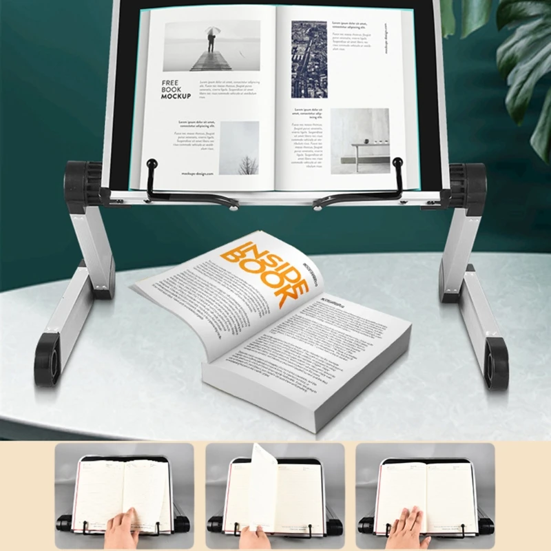 dobravel leitura book stand suporte com clipes de papel estante stand mesa ajustavel de 360 graus textbook stand suporte 01