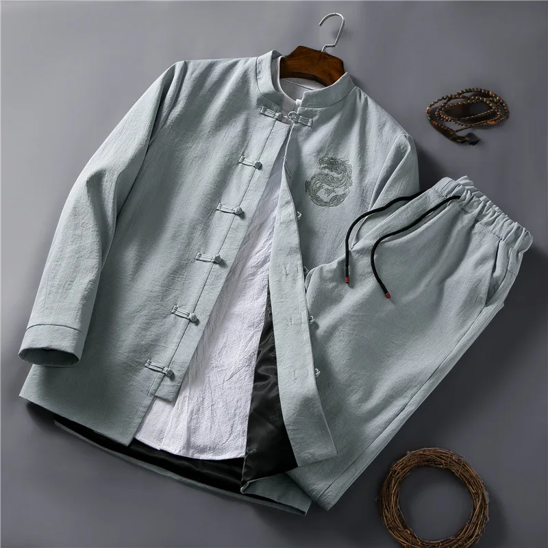 

Tradition Hanfu Men Coat Pants Set New Retro Chinese Style Linen Tang Suit Shirts Trousers Two-piece Tai Chi Kungfu Uniform