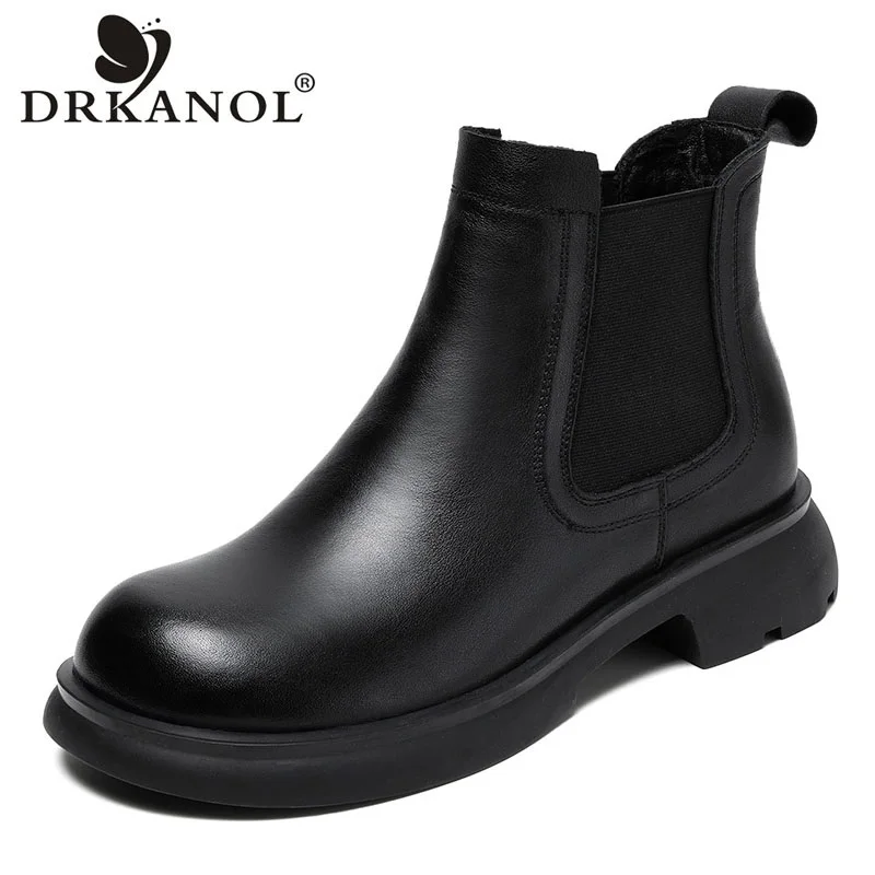 

DRKANOL 2024 Fashion British Style Women Chelsea Boots Winter Genuine Leather Square Heel Round Toe Slip On Chimney Ankle Boots