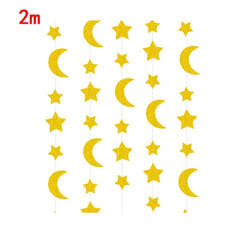 이드 무바라크 종이 갈 랜드 2m/4m 당겨 플래그 배너 골드 반짝이 문 스타 라마단 파티 생일 웨딩 장식