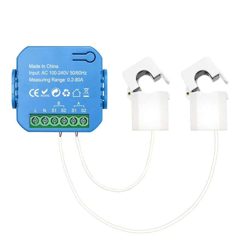 Slimme ZigBee-energiemeter Bidirectioneel 1, 2-kanaals met stroomtransformatorklem App-monitor Vermogen 80A 110V/240V 50/60Hz