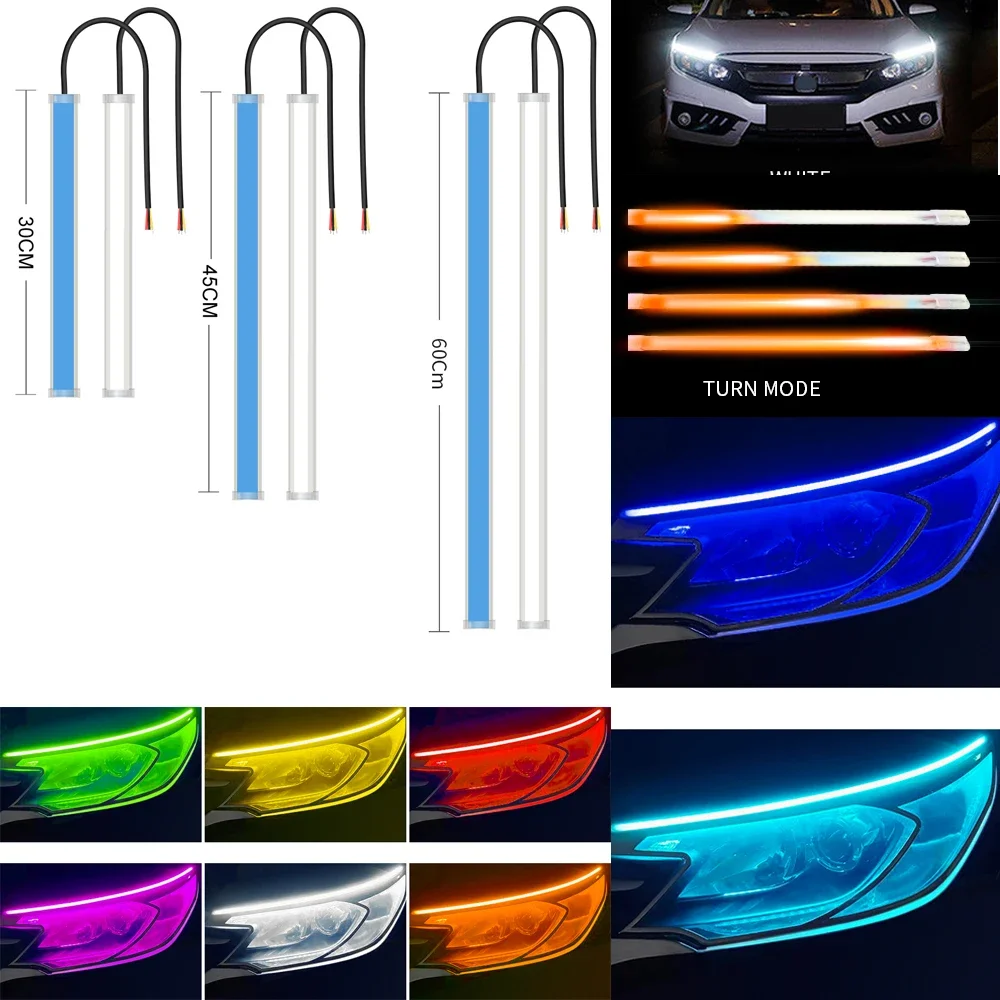 

1 Pair Led Drl Car Daytime Running Light Flexible Waterproof Strip Auto Headlights White Turn Signal Yellow Brake Flow Lights