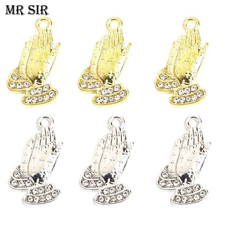 10pcs Creative Praying Hands Charms Metal Rhinestone Religious Namaste Pendant for Jewelry Making DIY Necklace Bracelet Supplies