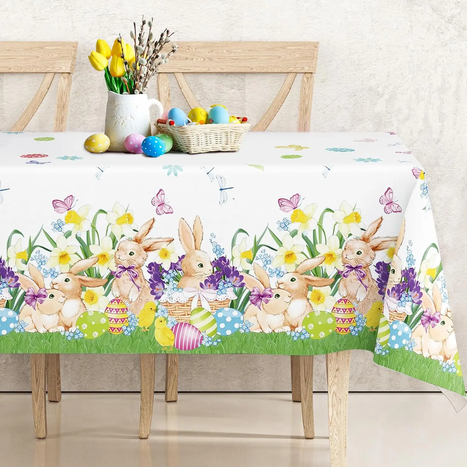 Colorful Eggs Bunny Table Cover Flower Rectangle Tablecloth Easter Decor Outdoor Holiday Party Home Kitchen Dining Table Decor