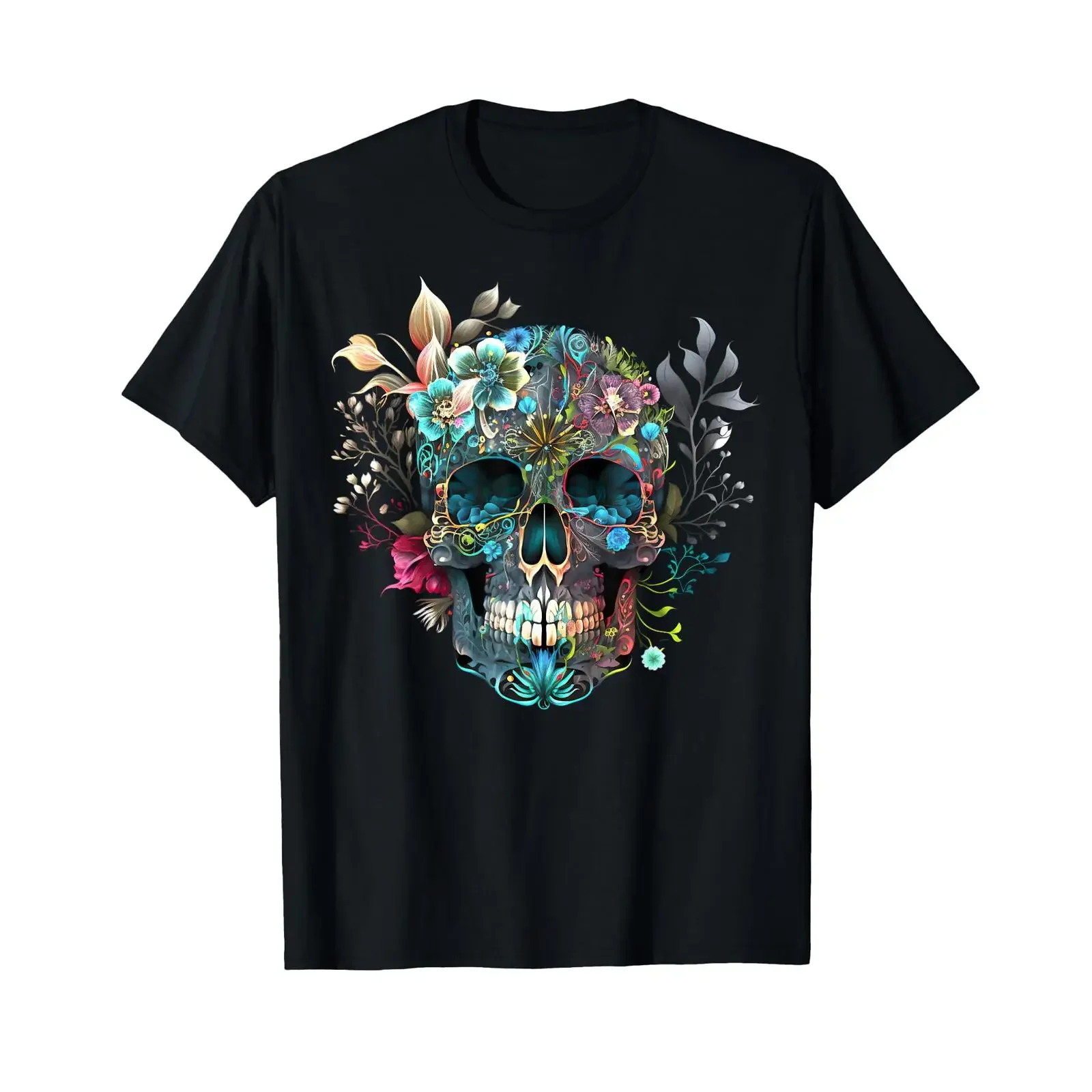 Buntes T-Shirt mit mexikanischem Totenkopfmuster und Blumenmuster, im Vintage-Stil, mit Used-Look, bequem, stilvoll, modisch, lässiges Oberteil für den täglichen Gebrauch.