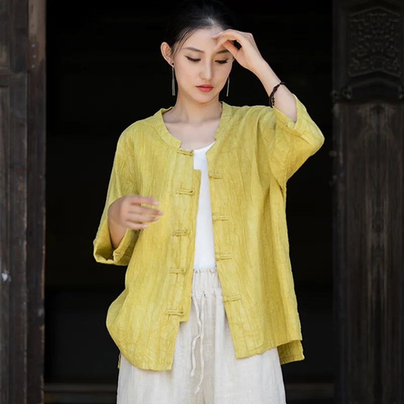 Women Loose Shirt Summer Autumn r Retro Casual Flax Tops Ladies Vintage Blouse Tops Outer Garment Woman Jacket