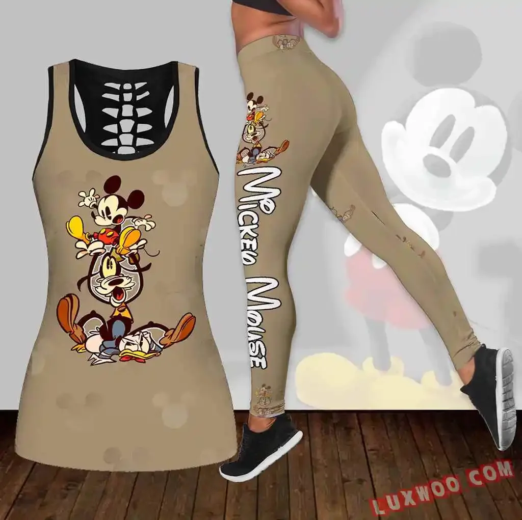 2024 New Mickey Mouse Women\'s Hollow Vest  Leggings Yoga Suit Fitness Leggings Sports Suit Disney Tank Top Legging Set Outfit