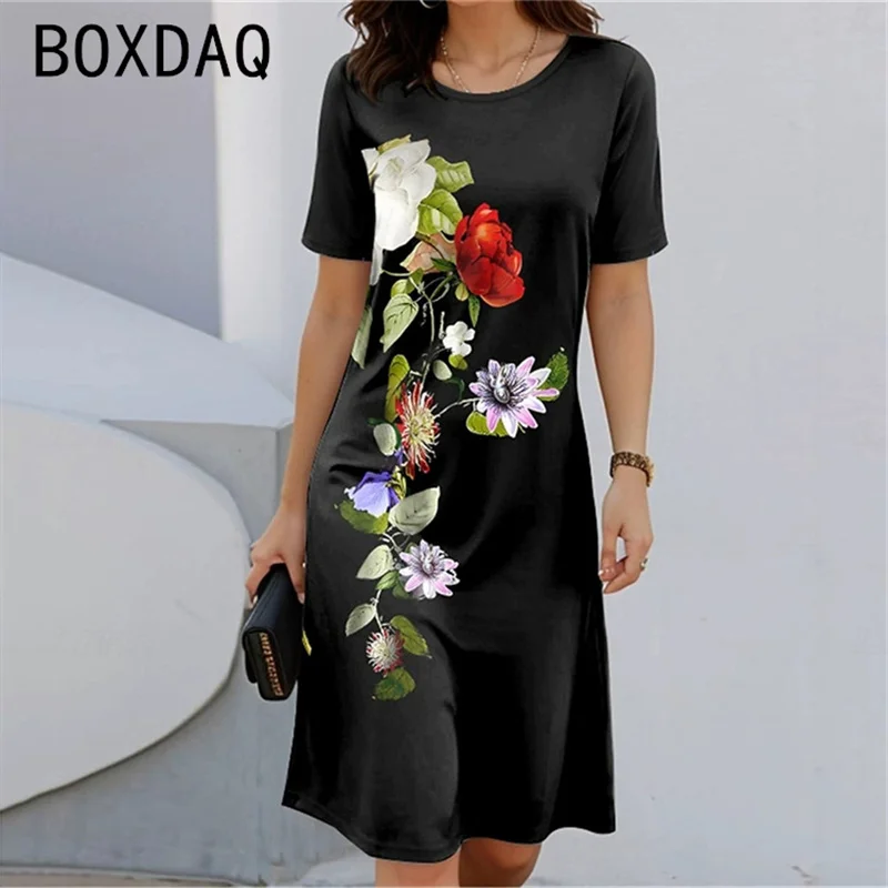 Bohemian Style Short Sleeve Round Neck Floral A-Line Dress Women's Casual Midi Dress Spring Summer Fashion Sundress Vestidos