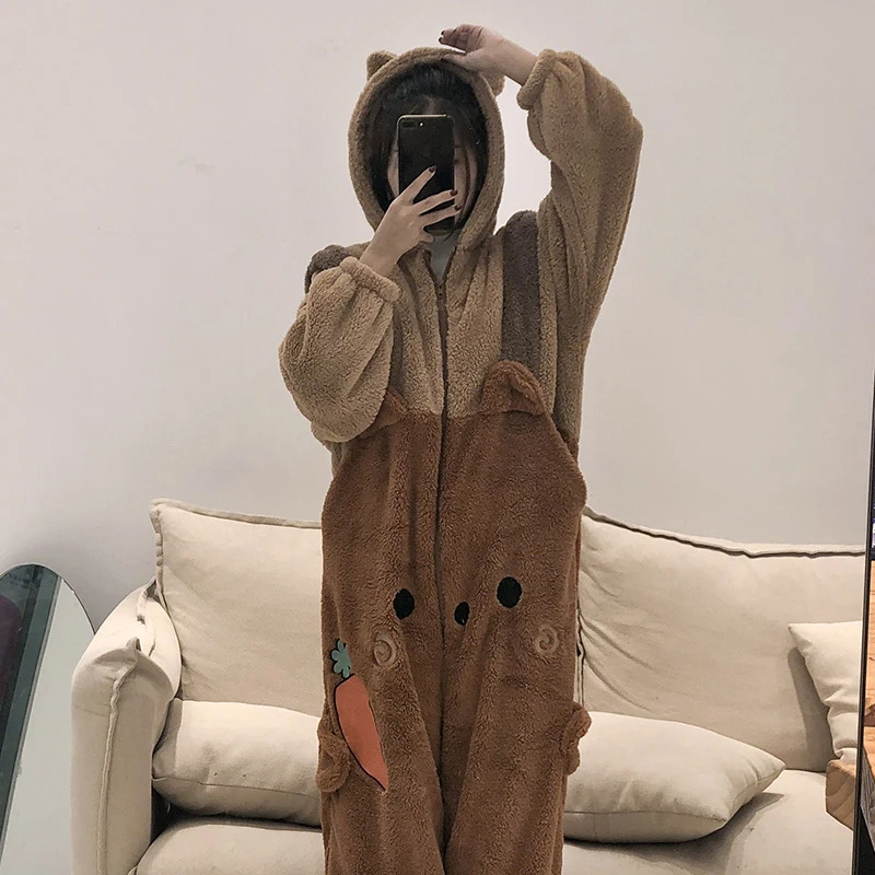 Bear Cosplay Costume Full Zipper Flannel One-piece Pajamas Soft Warm Winter Jumpsuit Women Kawaii Cartoon Animal Hooded Onesies