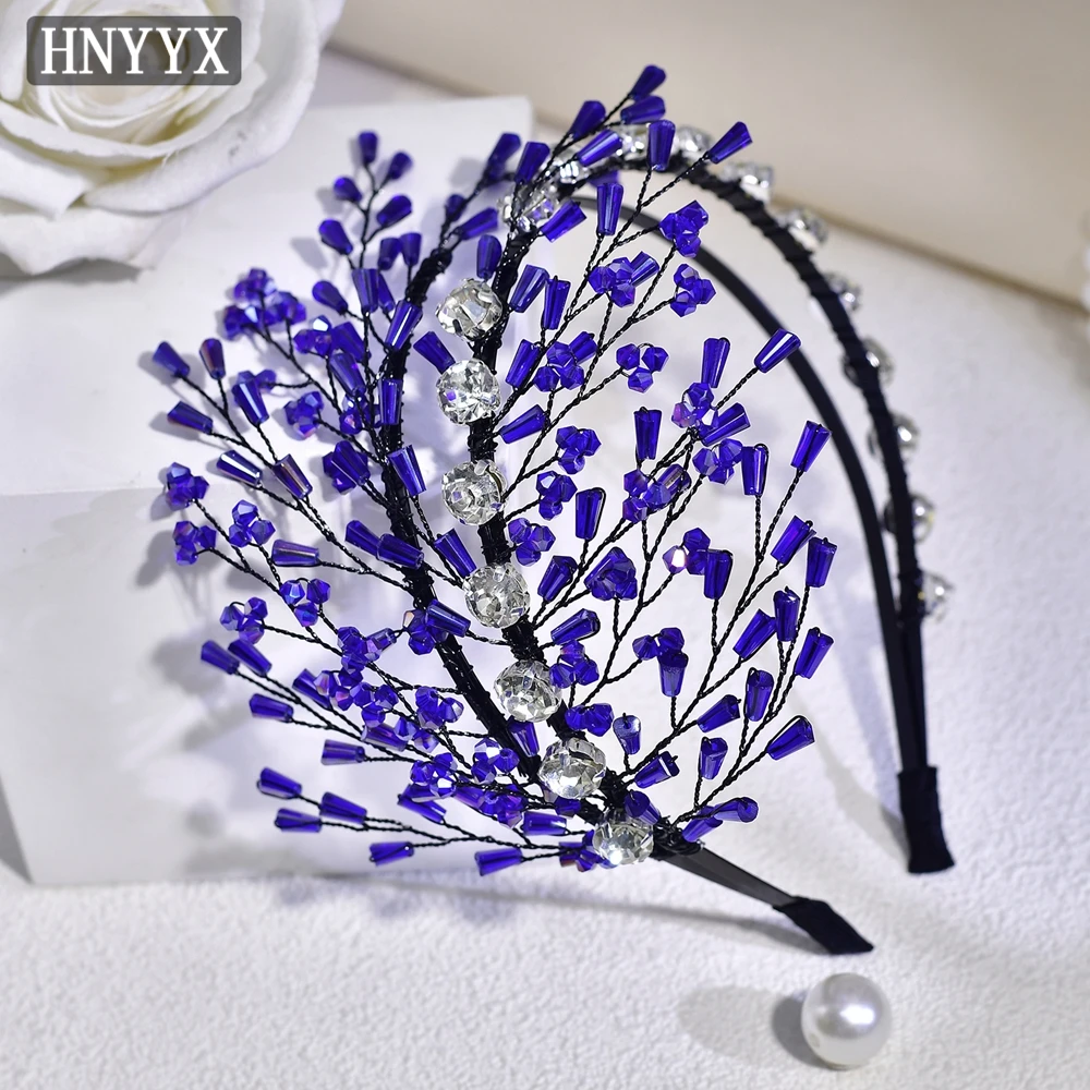 HNYYX Blue Rhinestone เจ้าสาวคริสตัลอุปกรณ์เสริมผมผู้หญิง Headdress คริสตัลงานแต่งงาน Headpiece ผม Band A282