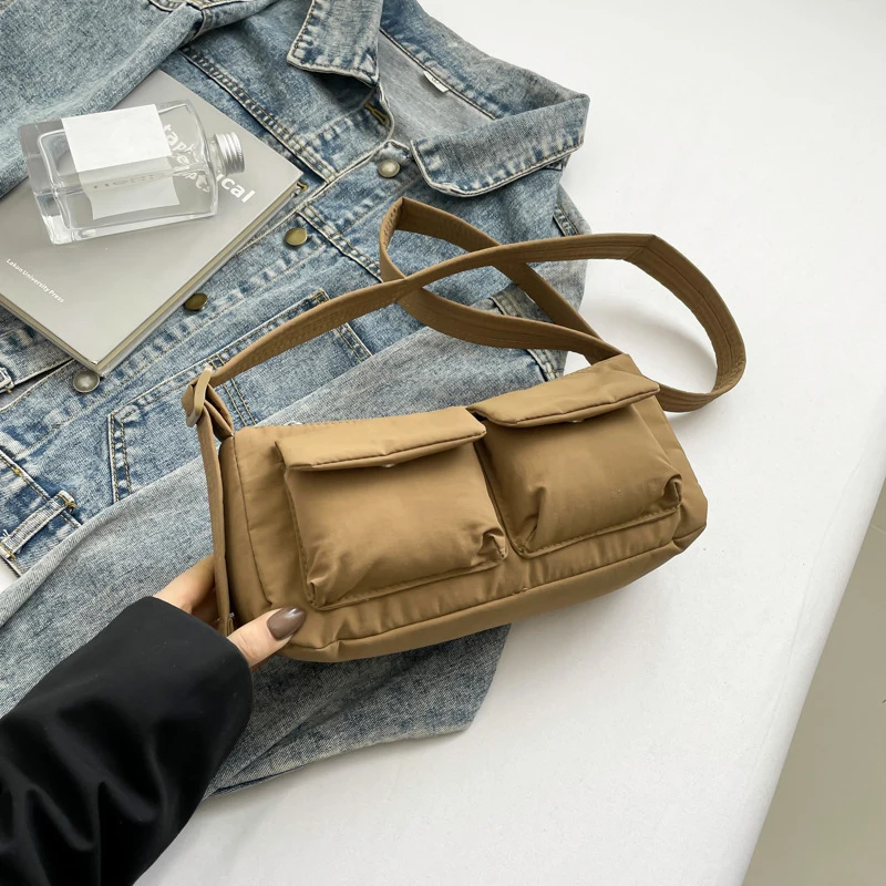 Damen-Umhängetasche, einfarbig, schlicht, Messenger-Hobo-Tasche, großes Fassungsvermögen, Nylon, Umhängetasche mit Reißverschluss, für Party, Urlaub – Detail 5
