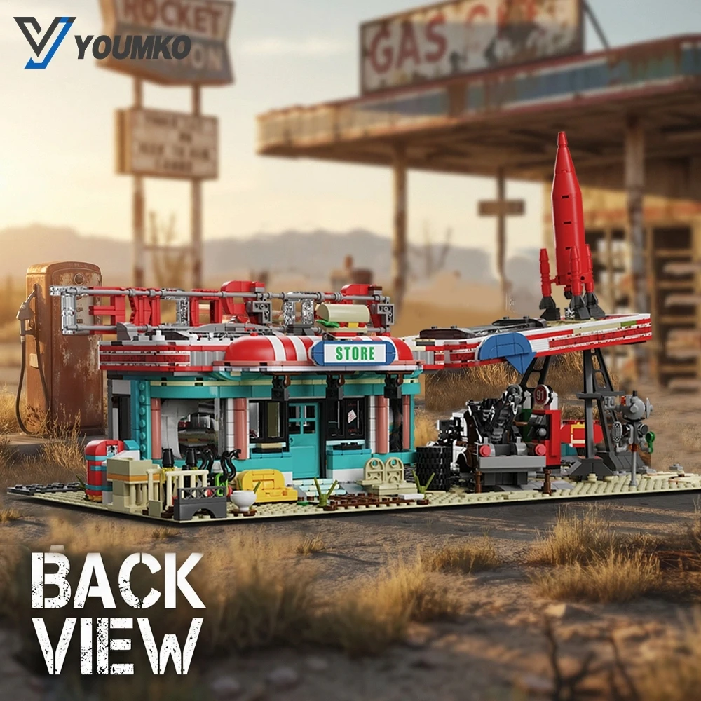 Postapokalyptische Tankstelle Klemmbausteine Set Ödland Retro Service Station Bausteine Modellbausatz mit Raketenschild und Ruinen Details DIY Montage Spielzeug für Erwachsene Ideales Geburtstags