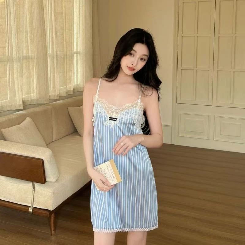 

Lace Splicing Stripe V-neck Straight Tube Skirt 2026 Summer New Fashion Korean Edition Sweet Girl Style Princess Skirt for Women
