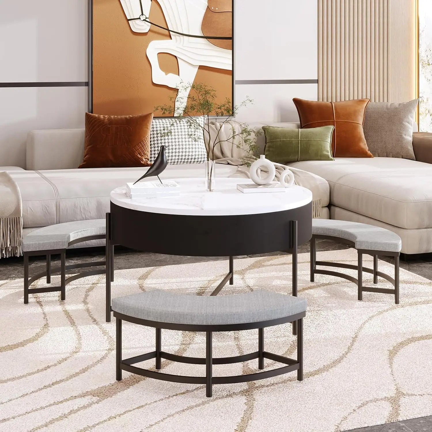 Lift Top Nesting Coffee Table with Storage, Modern Round Center Coffee Table Set with 3 Ottoman for Living Room, Bedroom, Home O