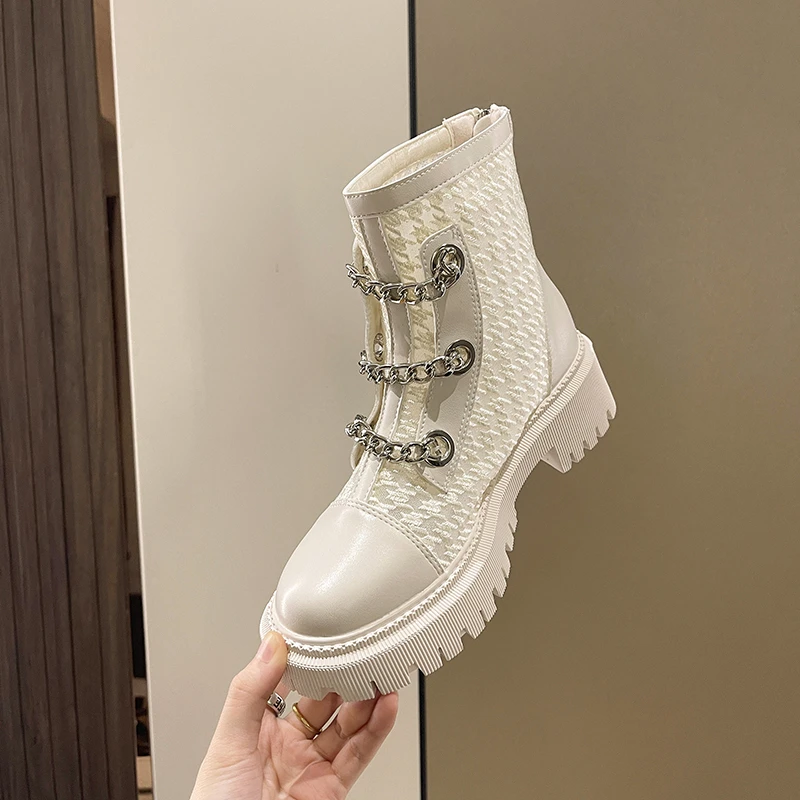 Luxury New Women Boots Fashion Platform Boots Pearl Chain Casual Women Boots Chunky Boots  Women Riding Boots