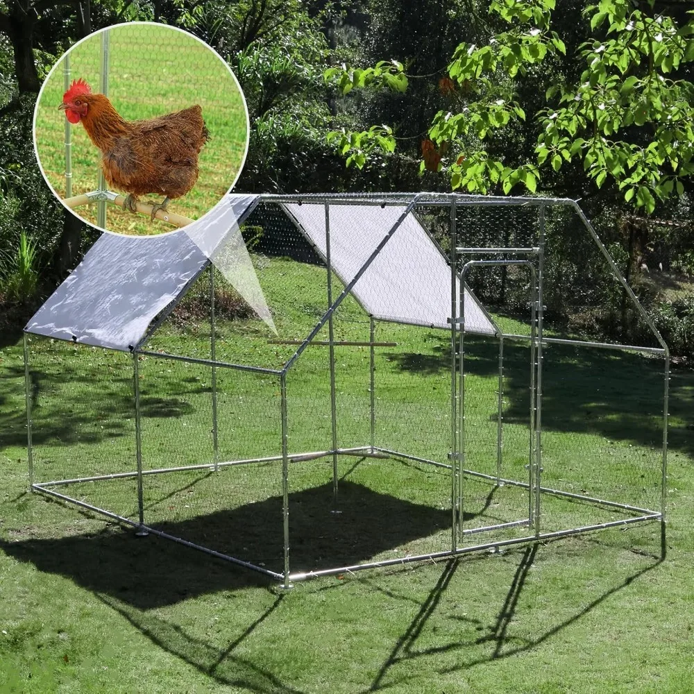 Large Metal Chicken Coop with Climbing Frame, Outdoor Walk-in Poultry Cage, Waterproof and UV Resistant Cover, 118x118x78.7