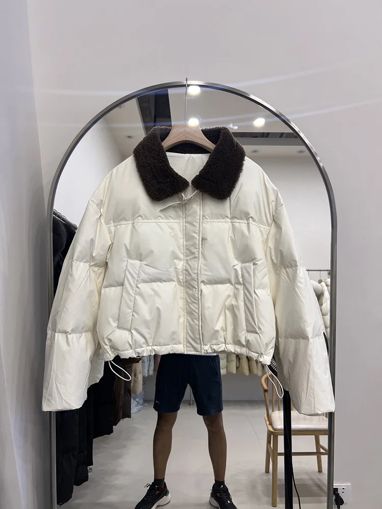 Women's Short Style Flip Collar Lamb Wool PU Leather Jacket Winter New Casual Versatile Street White Duck Down Coat