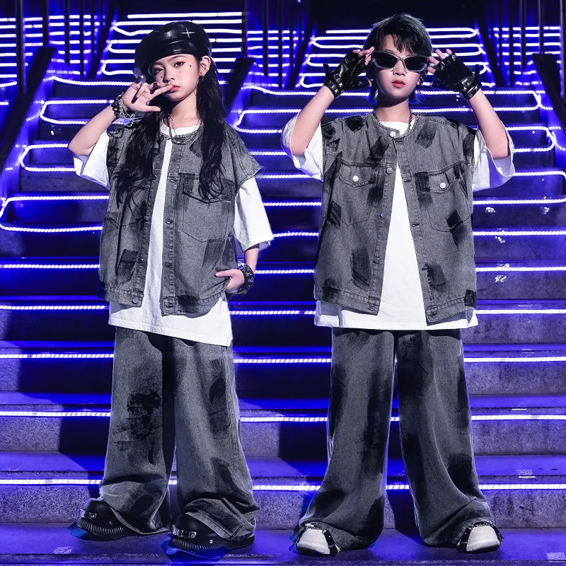Hiphop jazz street dance childrens clothing suit performance costumes vest jeans t-shirt teenager boys girls clothes set outfits