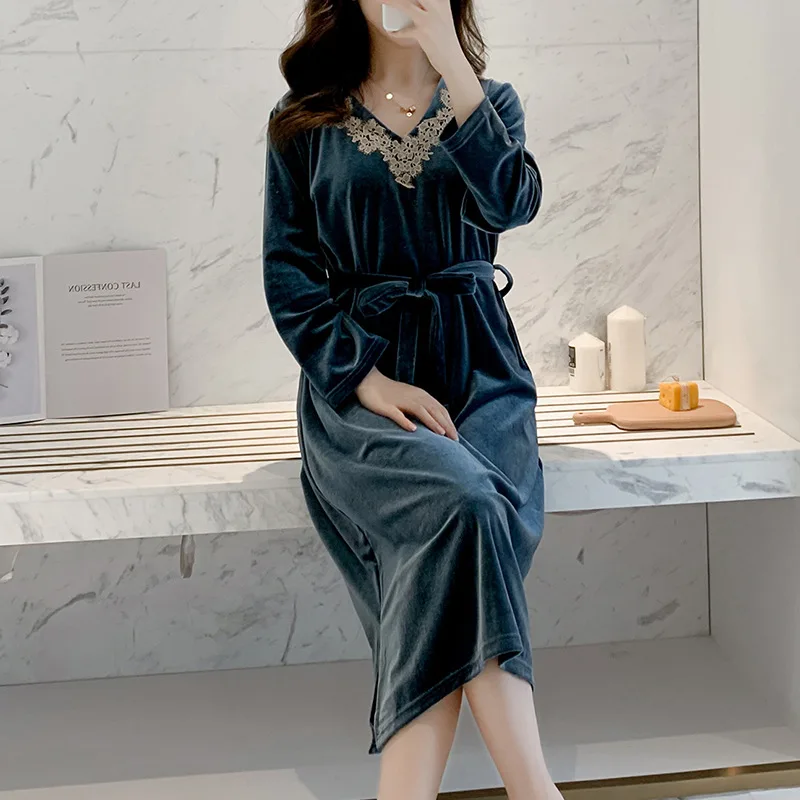 Winter Autumn Home Dressing Gown Nightdress for Women Warm Nightgown Sexy Velvet Sleepwear Loose Sleepwear Long Sleeve Bathrobe