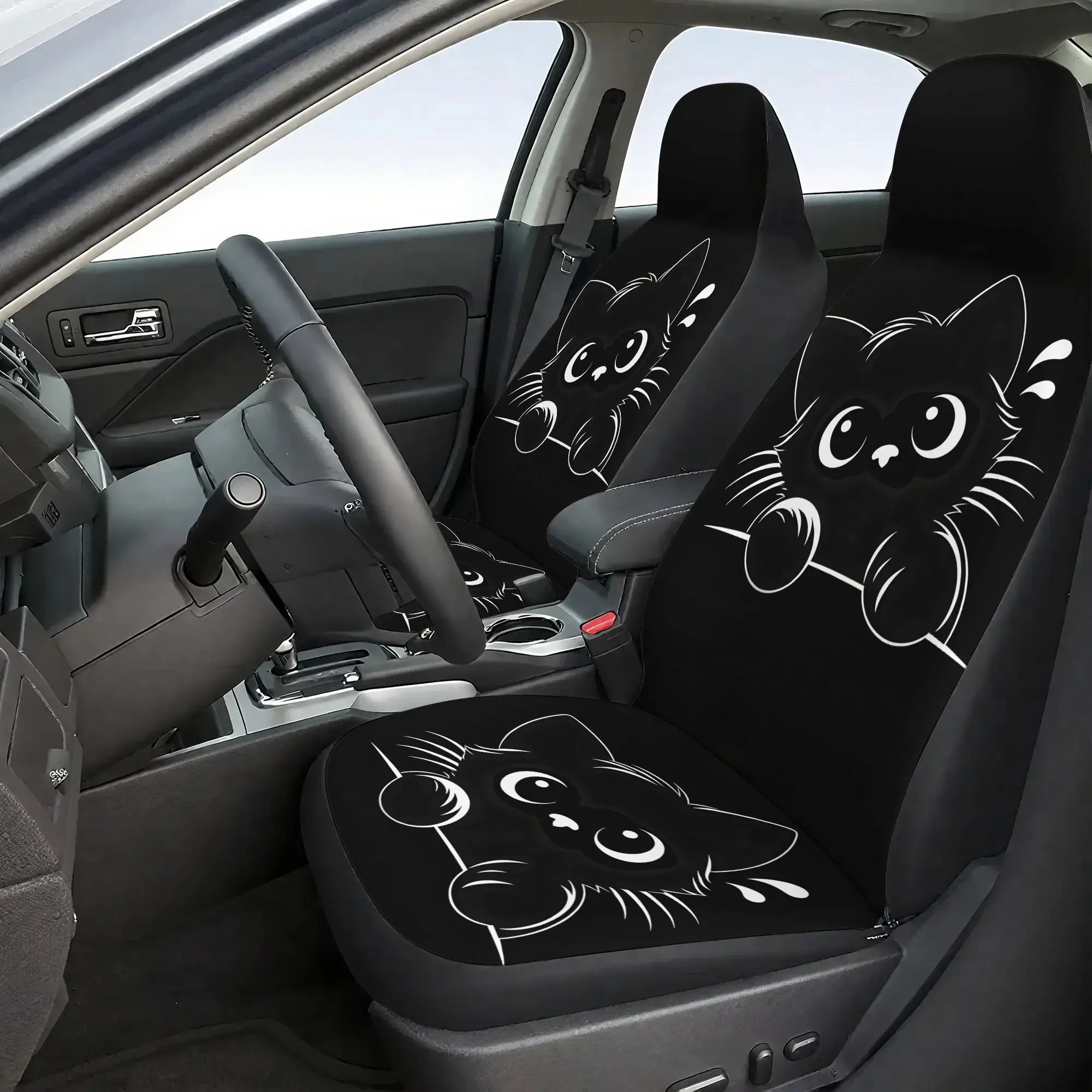 7pcs Black And White Cat Print Car Seat Cover Set Includes: 2 Front Seat Covers, 1 Rear Seat Back Cover, 1 Rear Seat Cushion Cov
