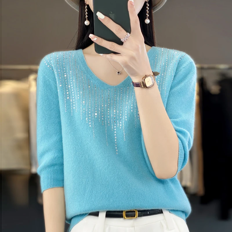 First-line ready-to-wear spring and summer new fashion exquisite diamond-encrusted V-neck 100% pure wool sleeve top woman