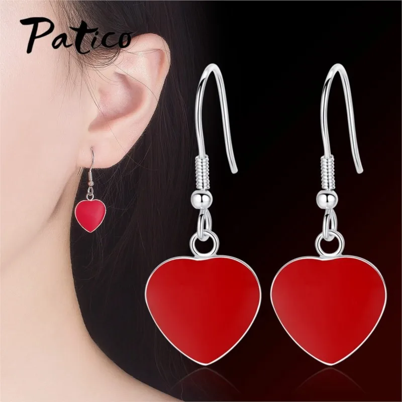 

New Statement Women Red Heart Shape 925 Sterling Silver Piercied Dangle Earings Elegant Korean Trend Wedding Jewelry Gift