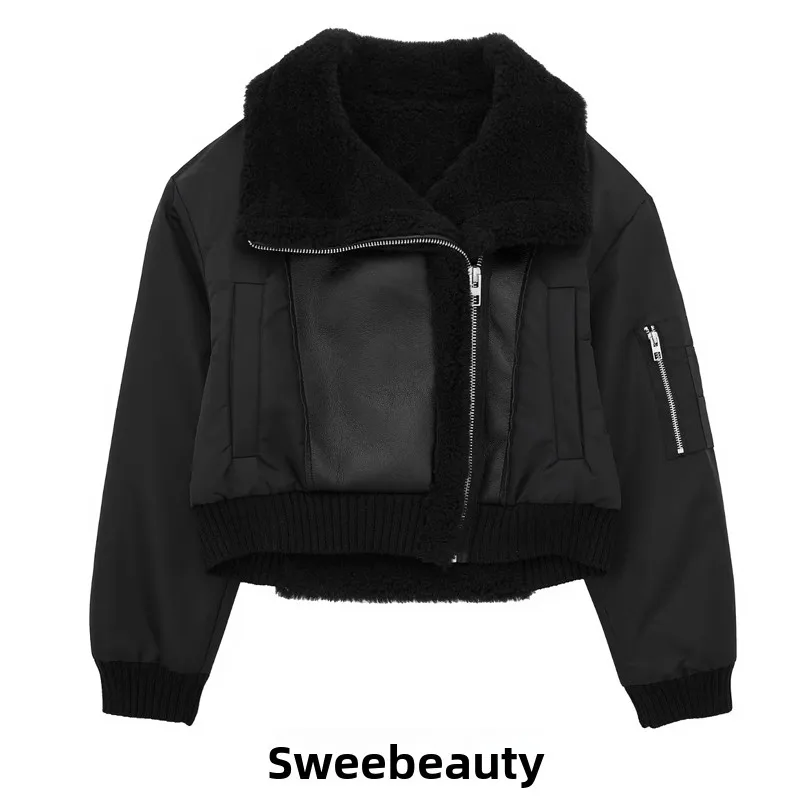 両面レザーとファーのジャエ・ティエンエッド・パッチワーク・ウィンターコート・ストリート・スレ・レディース・オル・アウターウェア・2023年秋コレクション