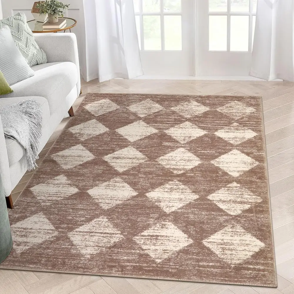 

Moroccan Treills Area Rug - 5X7 Large Beige Rugs For Bedroom Washable Dining Room Mat, Checkered Modern Soft Indoor Non Slip