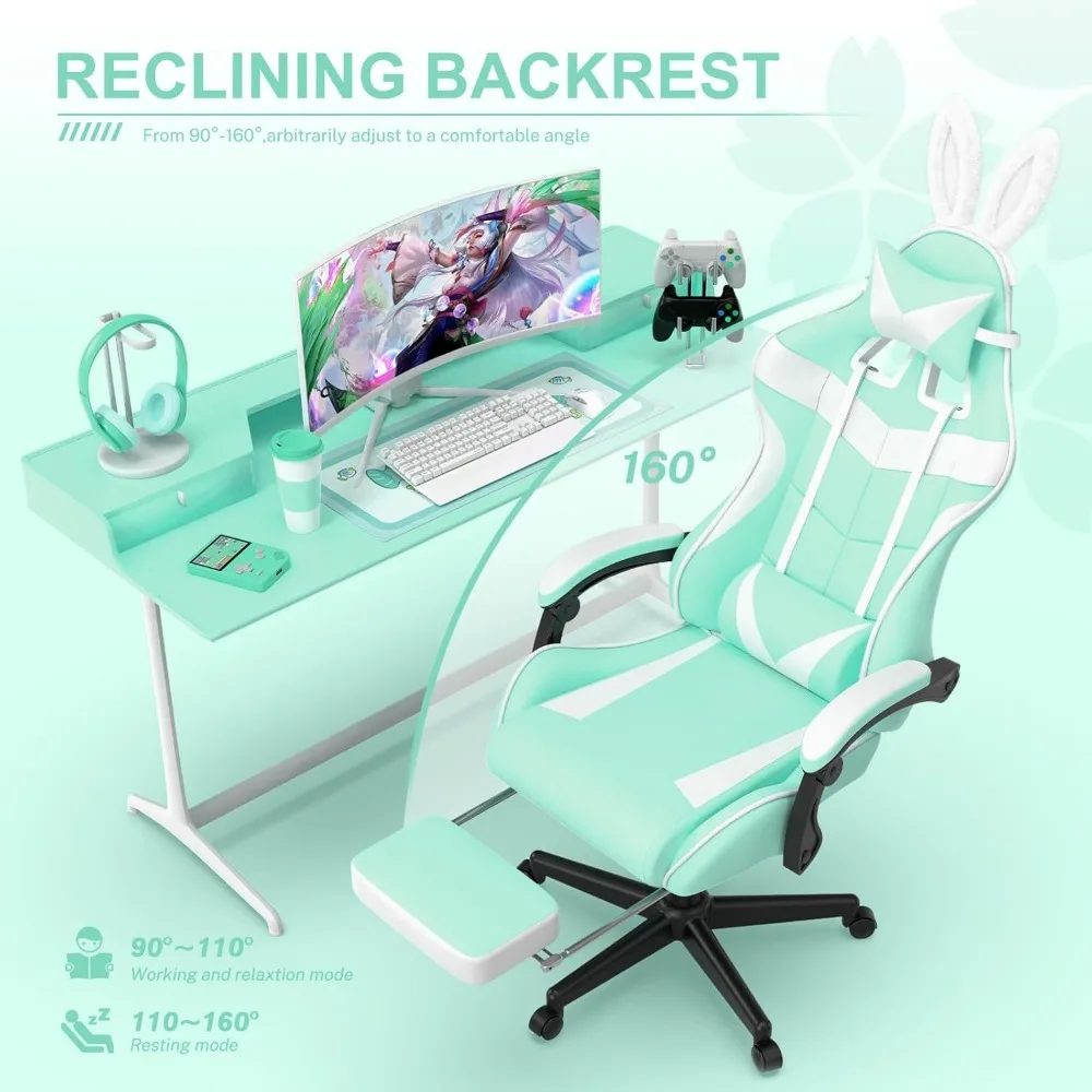 كرسي ألعاب لطيف على شكل أرنب كاواي مع مسند للقدمين للحفيدة والأخت، كرسي مكتب كمبيوتر باللون الأخضر الفاتح للاعبين