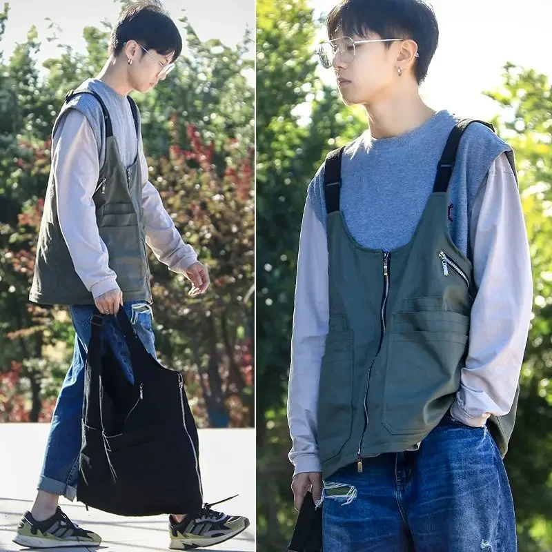 Maden Vintage Multi-Pocket Sleeveless Nylon Vest Amekaji Outdoor Deformable Tactical Vest Functional Dual Purpose Satchel Bag