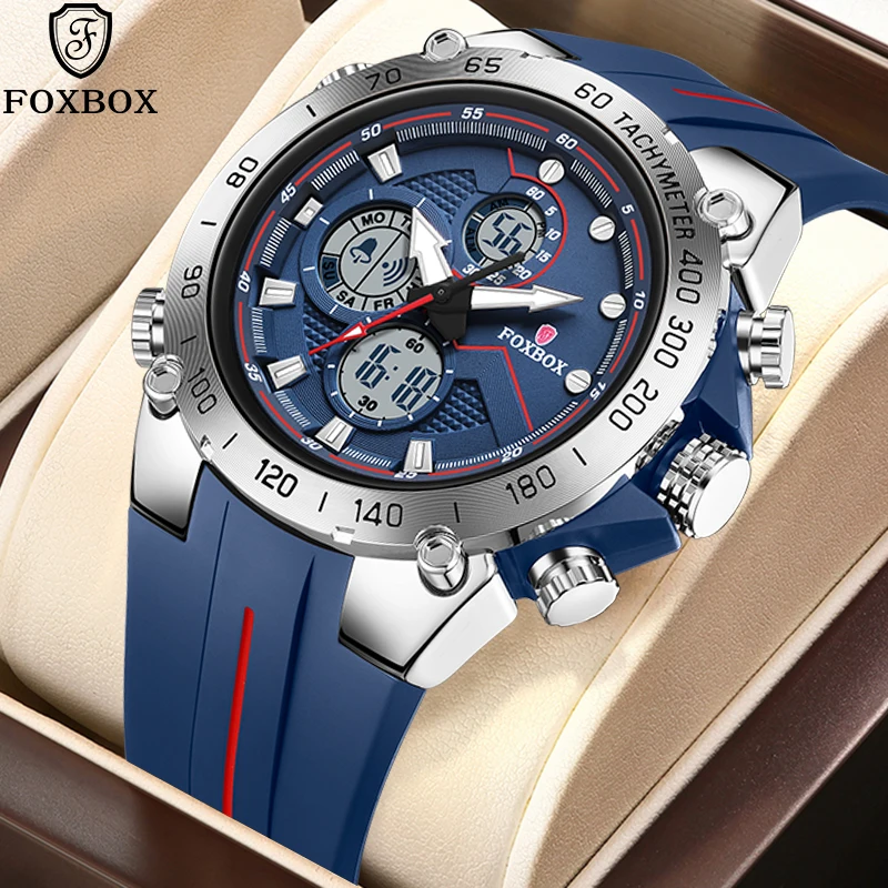 FOXBOX Fashion Luxury Electronic Watches for Men Simple Casual Sport Waterproof Luminous Dual Display Outdoor Digital Wristwatch