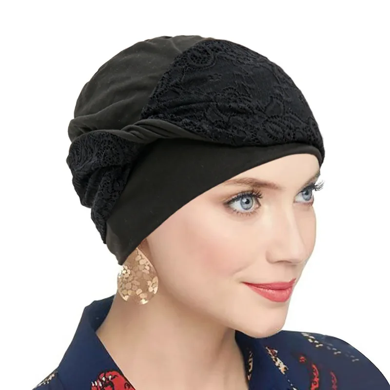 Women Lace Design Turbans Ladies Chemo Hair Loss Female Hat Soft Breathable Headwear For Post Chemo Patients Daily Wear Beanies
