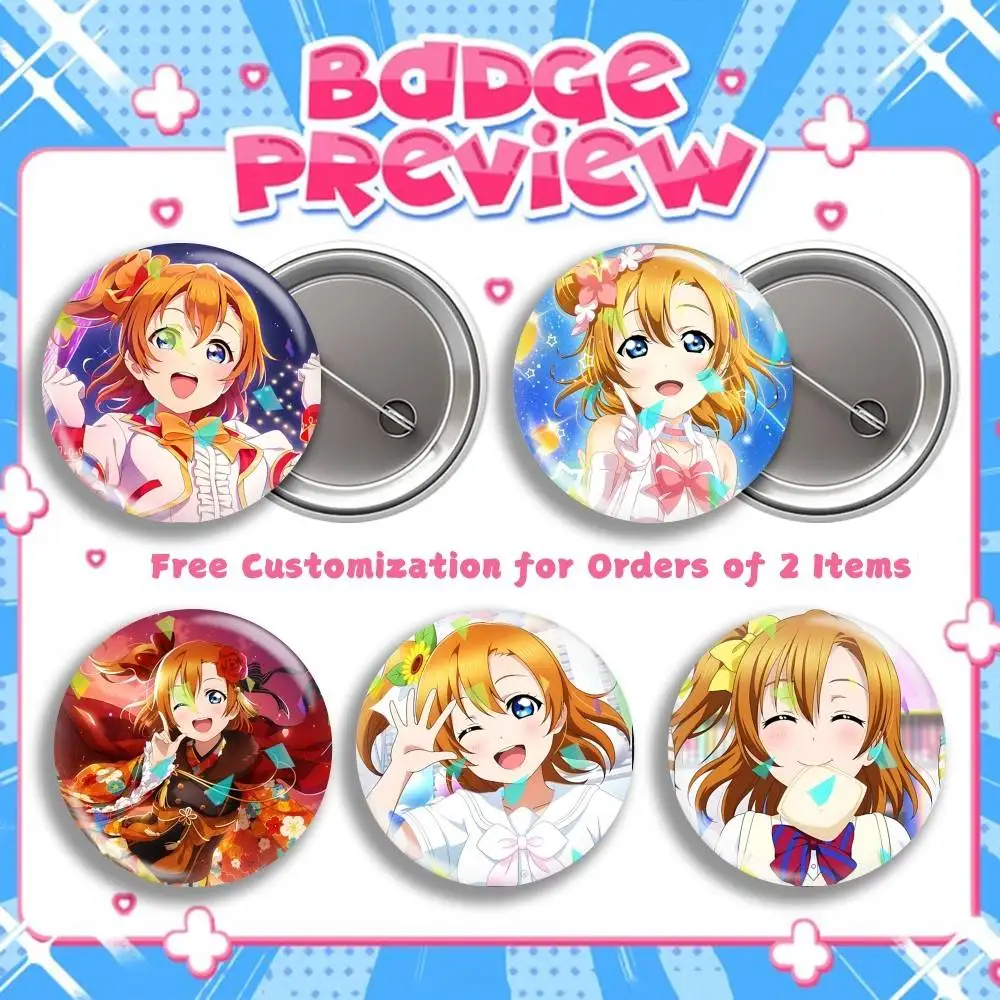 Official H-Honoka Kosaka LoveL-us Round Brooch Pins, Personalized Badges With Broken Glass Design Fashion Accessory
