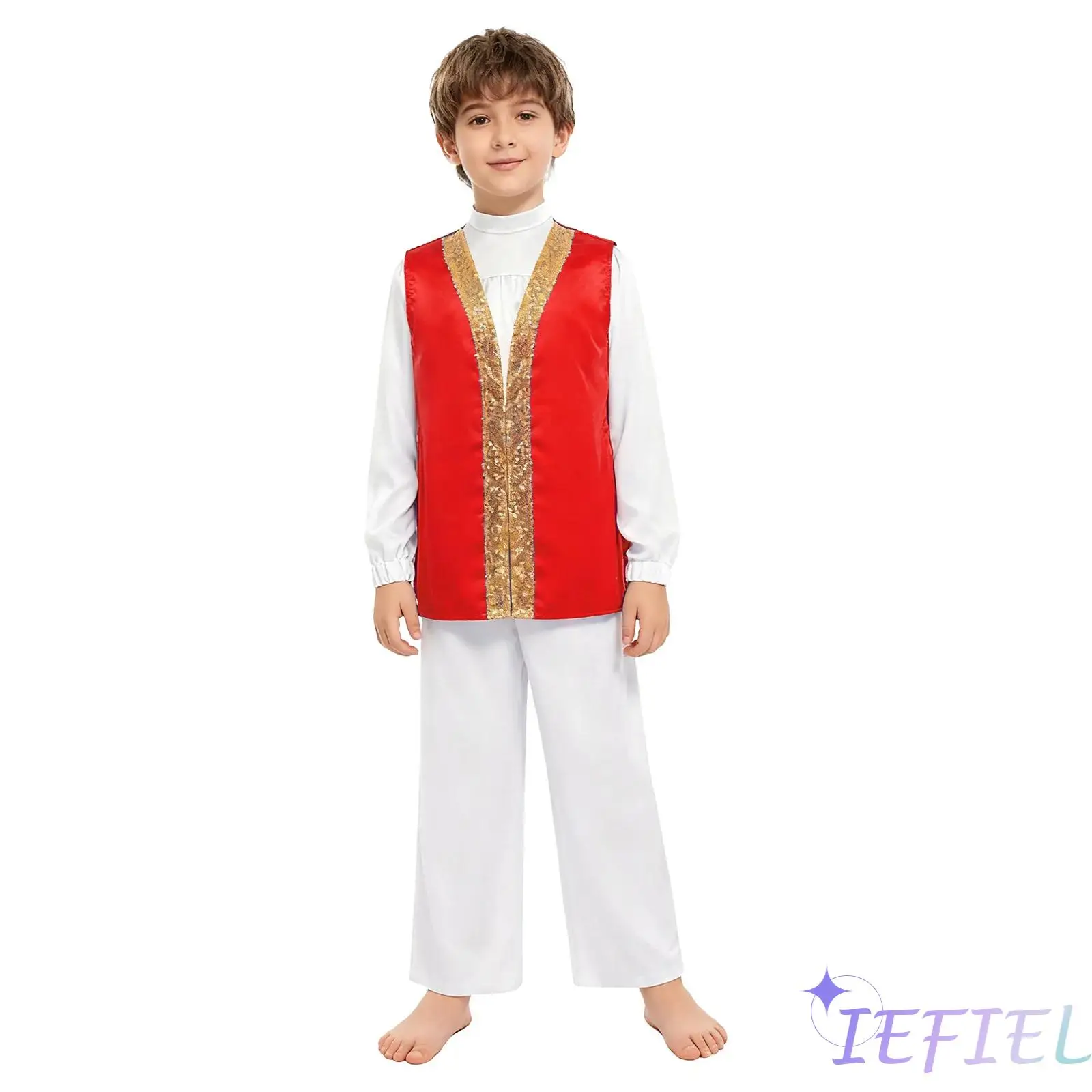 

3Pcs Boys Praise Worship Dance Outfit Mock Neck Long Sleeve Satin Top+Sleeveless Sides Split Contrast Color Sequins Robe+Pants