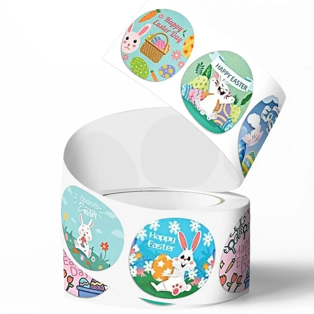 500pcs Roll Golden Paper Easter Stickers Round Shape Cartoon Design Egg Stickers Self Adhesive Bunny Stickers Gift Decoration