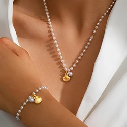 Stainless Steel Jewelry Set White Imitation Pearl Chain Seashell Necklaces Bracelets Jewelry Set For Women Jewelry Sandy Beach