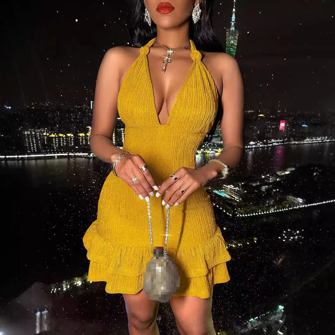 Women Trendy Dress Hanging Neck Sexy Low Cut Slim Sleeveless Solid Color Robe Femme Bag Buttock Dresses 2025 Summer New Fashion