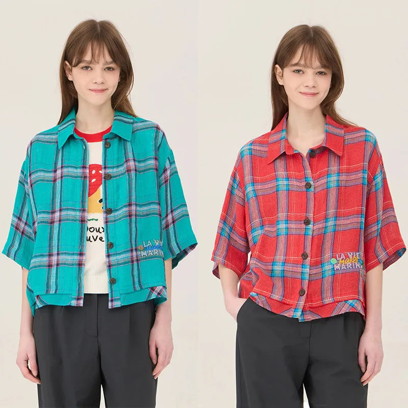 

MICOAT Pure Original Wild Teenage Feel 25 Summer i Plaid Embroidery oulder Drop Loose Linen Women's irt